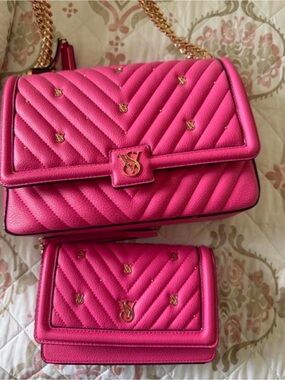 Victoria K Hot Pink Quilted Chain Crossbody Bag Duo
